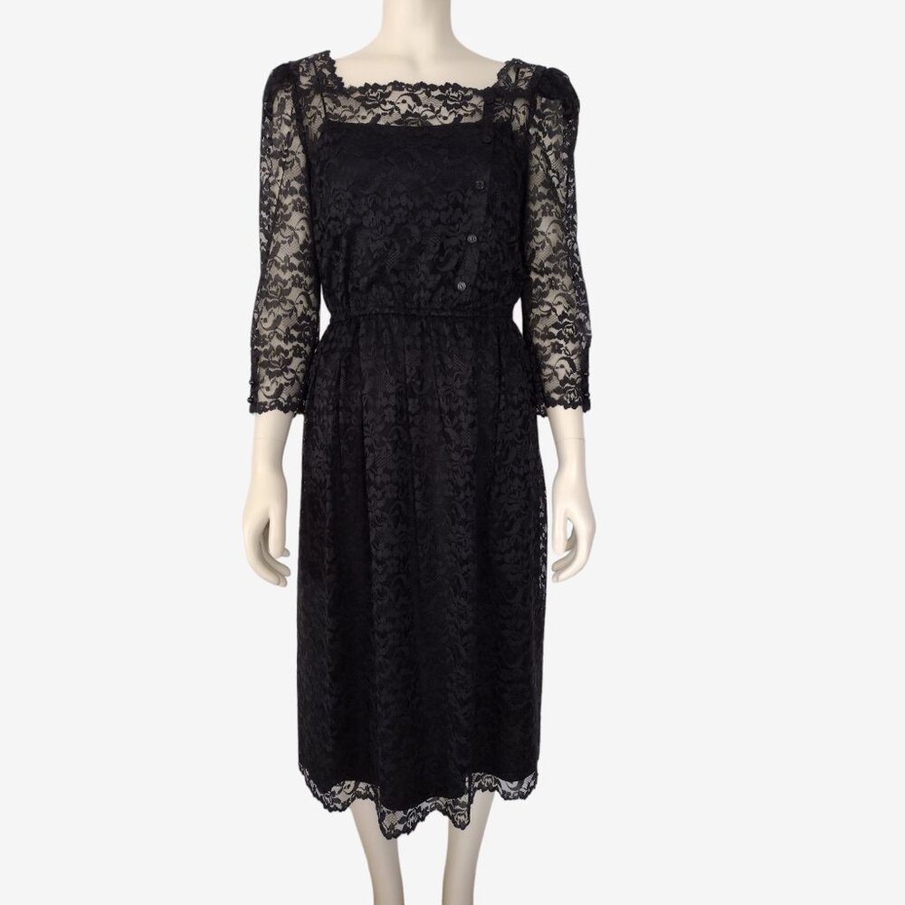 Vintage 1970s Black Floral Lace 3/4 Sleeve Midi Sheath Dress Size 2/4
